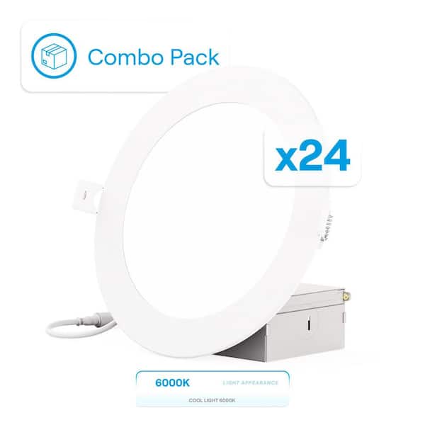 6 in. Canless 6000K Clear White 12W 1050LM Thin New Construction Integrated LED Recessed Light Kit, Wet Rated (24 Pack)