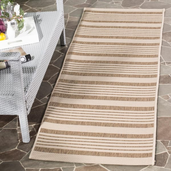 Courtyard Brown/Bone 2 ft. x 7 ft. Striped Indoor/Outdoor Patio  Runner Rug