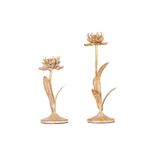 Distressed Flower Cut Shaped Taper Candleholder, White and Gold (Set of 2)