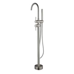 2-Handle Floor Mount Freestanding Tub Faucet Bathtub Filler with Hand Shower in Brushed Nickel