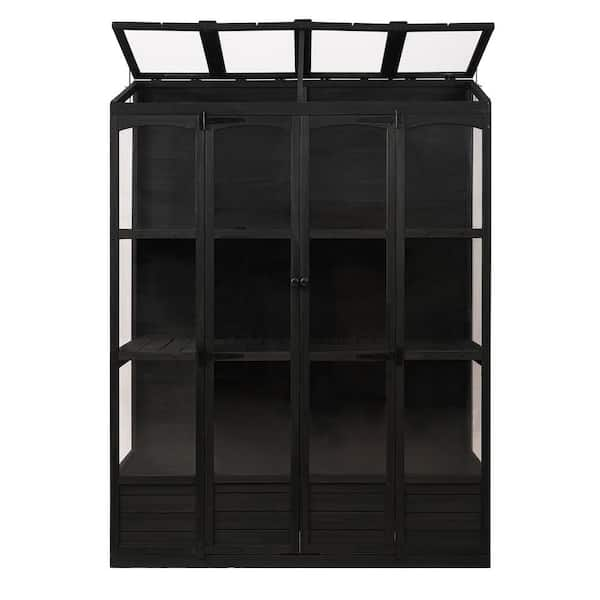 78 in. Walk-In Fir Wood Black Outdoor Greenhouse Trellis with 4 Independent Skylights and 2 Foldable Middle Shelves