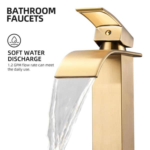 Waterfall Single Handle Single Hole Bathroom Faucet With Deckplate and Pop-Up Drain Assembly in Gold