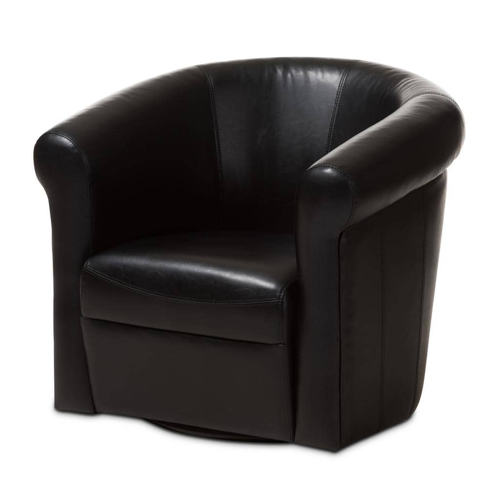 Swivel Barrel Accent Chair in Black Faux Leather with Wooden Frame