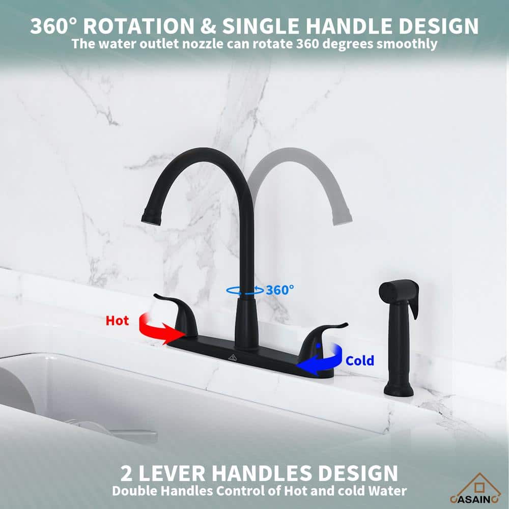 Matte Black Stainless Steel Double Handle Kitchen Faucet with Side Sprayer