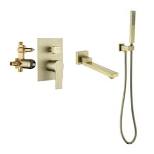 Single Handle Wall-Mount Roman Tub Faucet with Handheld Shower in Brushed Gold