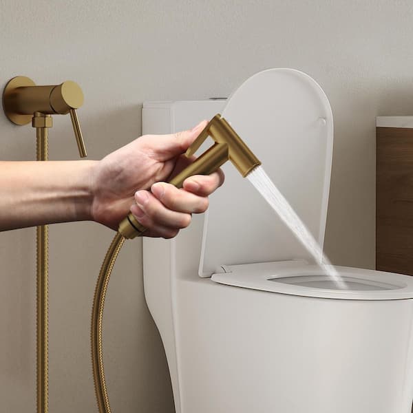 1-Handle Bidet Faucet Hot and Cold with Wall Mount Holder Solid Brass Body in Brushed Gold