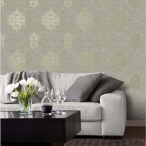 Luster Collection Gold/Grey Embossed Damask Metallic Finish Paper On Non-Woven Non-Pasted Wallpaper Roll