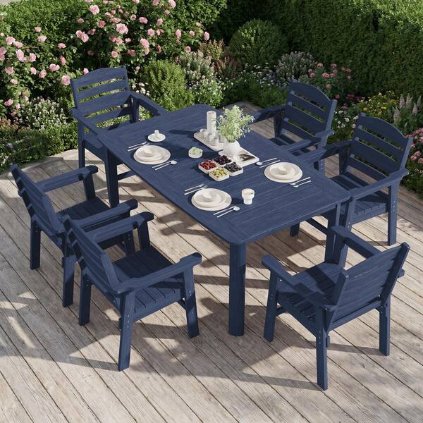 Livewood Navy 7-Piece HDPE Rectangular Plastic Outdoor Dining Set with Stackable Chairs and Umbrella Hole GS-PE-7ST-NYV2