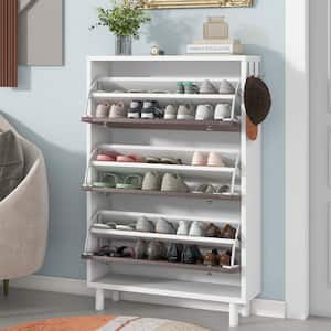 47.6 in. H x 31.5 in. W White Shoe Storage Cabinet with Dark Brown Slits Design Panels, Flip Drawers and Hooks