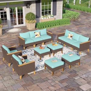Brown Rattan Wicker 12-Seat 12-Piece Steel Outdoor Sectional Set and 4-Ottomans with Blue Cushions