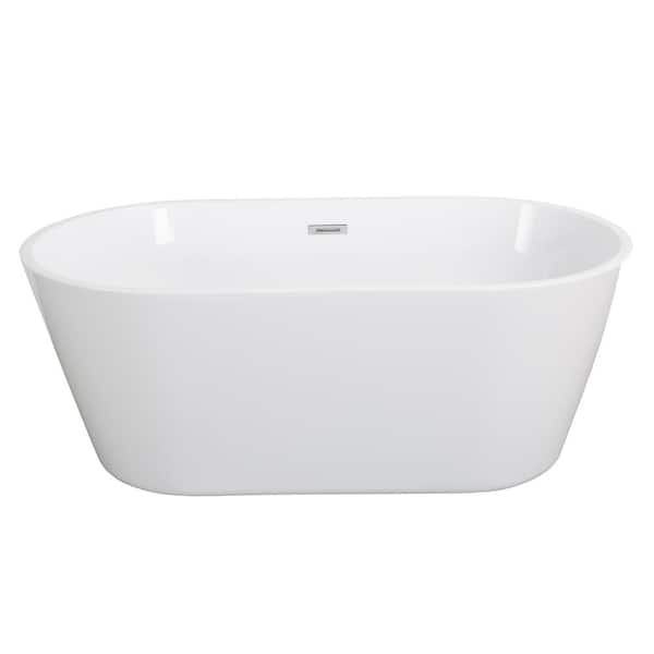 59 in. Acrylic Flatbottom Freestanding Alcove Soaking Bathtub in White and Overflow and Drain