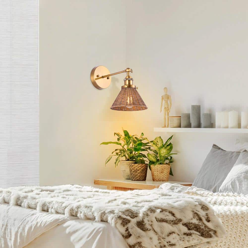 Brass and Rattan Swing Arm Wall Sconce with Woven Shade