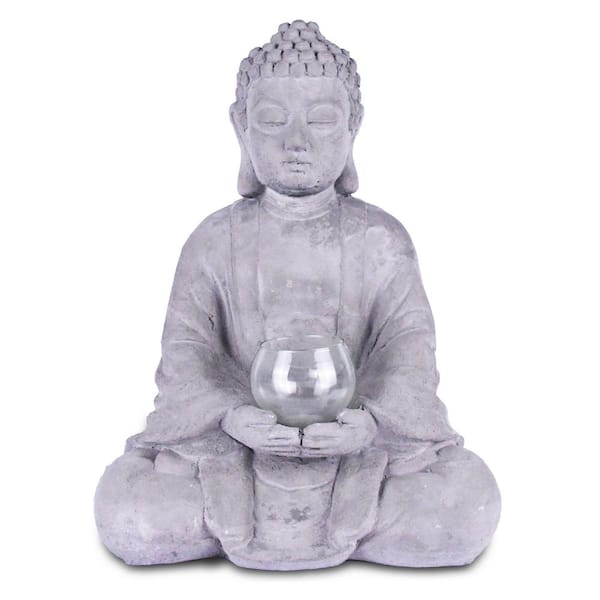 KANTE 14.17 in. H Gray Cement Meditating Buddha Garden Statue Tealight Candle Holder Ornament