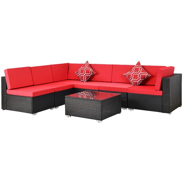 DIRECT WICKER Belle Modern Style Black 7-Pieces Outdoor Rattan Wicker Sofa Sectional Set with Red Cushions