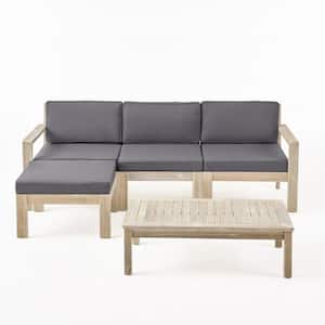 Santa Ana Light Grey 5-Piece Faux Rattan Patio Conversation Sectional Seating Set with Dark Grey Cushions