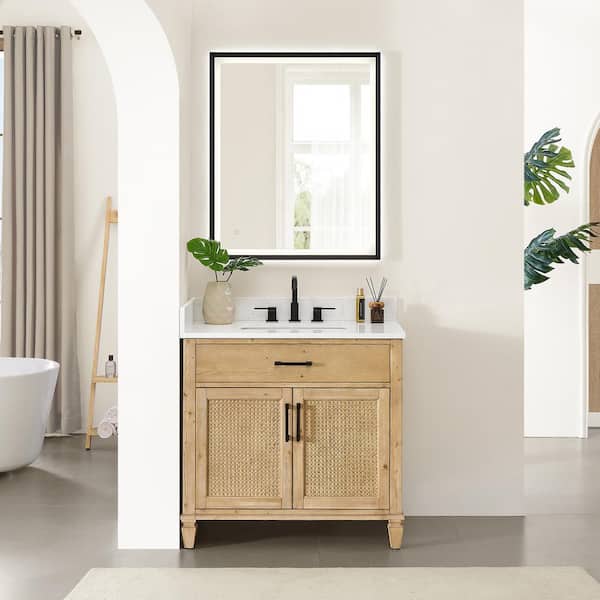 Altair Salome 36 in. Single Freestanding Weathered Fir Bath Vanity with Grain White Engineered Stone Top Assembled and Mirror