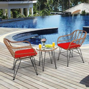 3-Piece Wicker Rattan Outdoor Bistro Set with Red Cushion