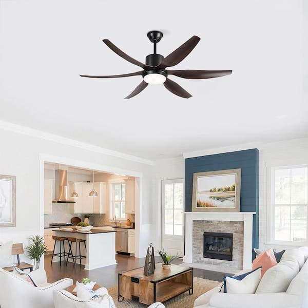 56 in. Brown Downrod Mount Standard Ceiling Fan with Remote Control, 6 ABS Blades 3-Color LED DC 6-Speed