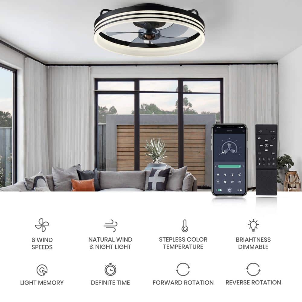 20" Black Aluminum Low Profile Ceiling Fan with Integrated LED Light and Remote