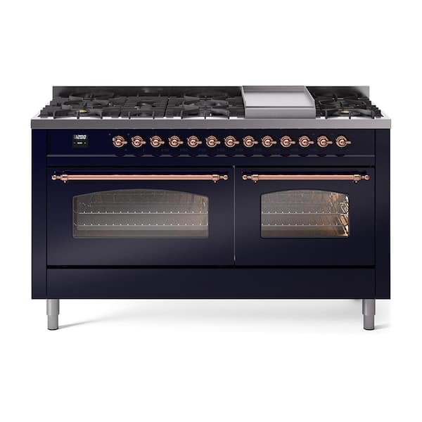 ILVE Nostalgie II 60 in. 9 Burner+Griddle Freestanding Double Oven Dual Fuel Range in Midnight Blue with Copper