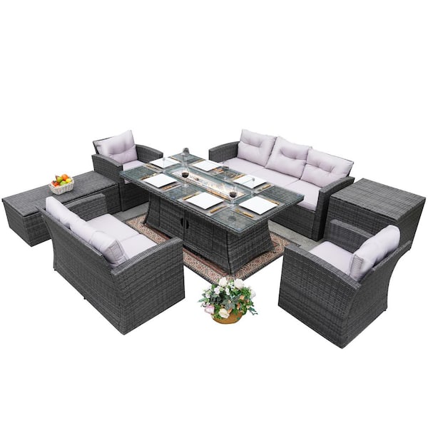 moda furnishings Agatha Gray 7-Piece Wicker Patio Fire Pit Conversation Sofa Set with Gray Cushions
