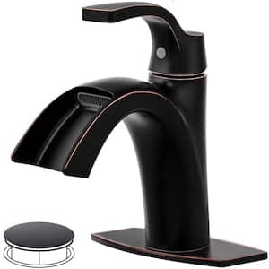 Waterfall Spout 1-Handle Low Arc 1-Hole Bathroom Faucet with Deckplate and Pop-up Drain in Oil Rubbed Bronze