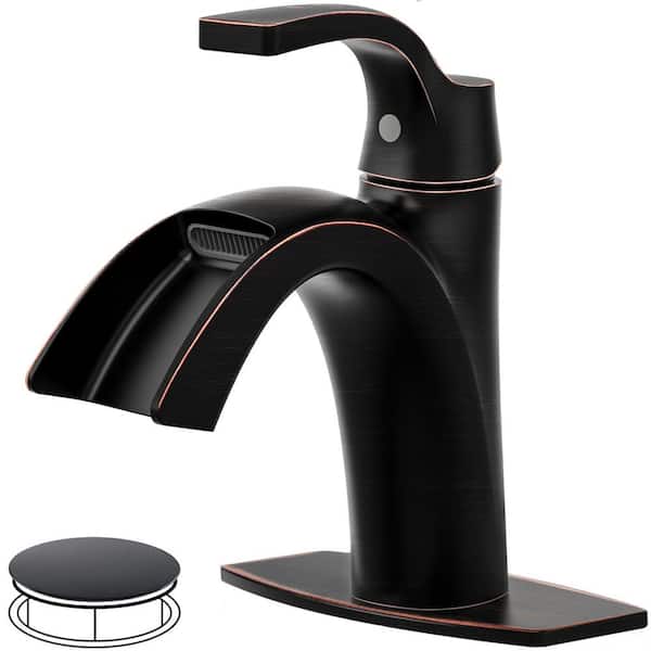 AKLFGN Waterfall Spout 1-Handle Low Arc 1-Hole Bathroom Faucet with Deckplate and Pop-up Drain in Oil Rubbed Bronze
