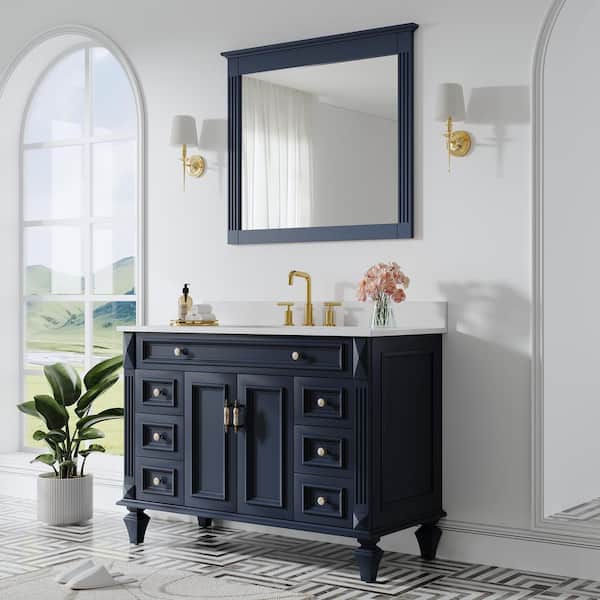 48 in. W Single Sink Solid Wood Bath Vanity in Navy with Carrara White Stain-Resistant Quartz Top and 38 in. W Mirror