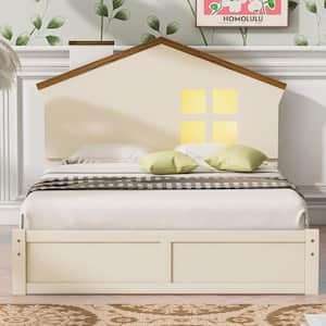 Twin Size Wood Frame Platform Bed with House-Shaped Headboard and Built-in LED,Milk White/Walnut