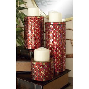 Red Metal Pillar Candle Holder with Mosaic Pattern (Set of 3)
