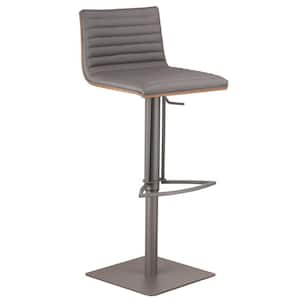 Haddy Adjustable Gray Metal Bar Stool in Gray Faux Leather with Walnut Back