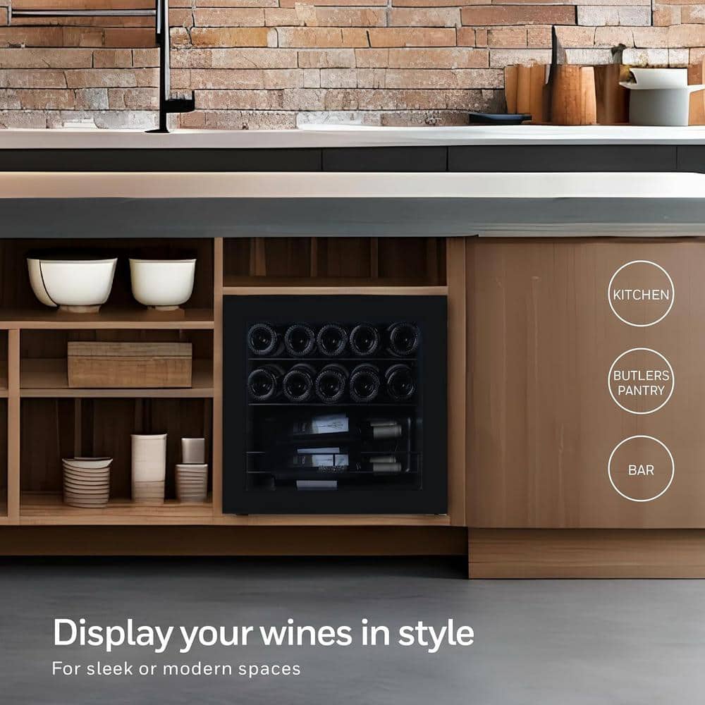 Black Freestanding 14 Bottle Countertop Wine Cooler with Glass Door