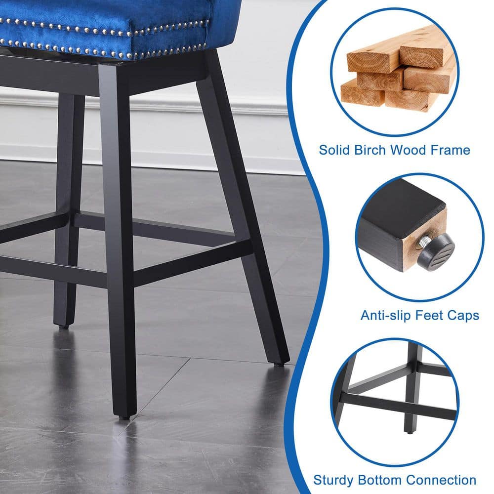 Blue Velvet Upholstered Swivel Counter Height Stools with Black Wood Legs, Set of 4