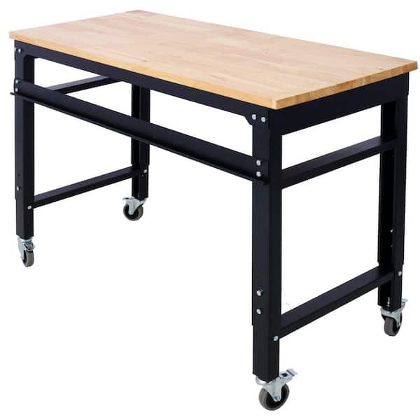 20 in. W x48 in. D Rolling Workbenches for Garage, Adjustable Height, Workshop Tool Bench, Metal with rubber Wood Top