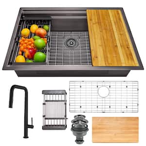 Gunmetal Matte Black Finish Stainless Steel 30 in. x 18 in. Single Bowl Undermount Workstation Kitchen Sink with Faucet
