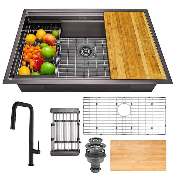 AKDY Gunmetal Matte Black Finish Stainless Steel 30 in. x 18 in. Single Bowl Undermount Workstation Kitchen Sink with Faucet