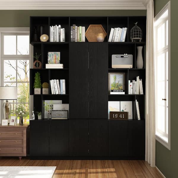 FUFU&GAGA 87 in. Tall x 70.9 in. W Black Wood 26-Shelf Accent Bookcase Bookshelf With Door Cabinets, Open Shelves