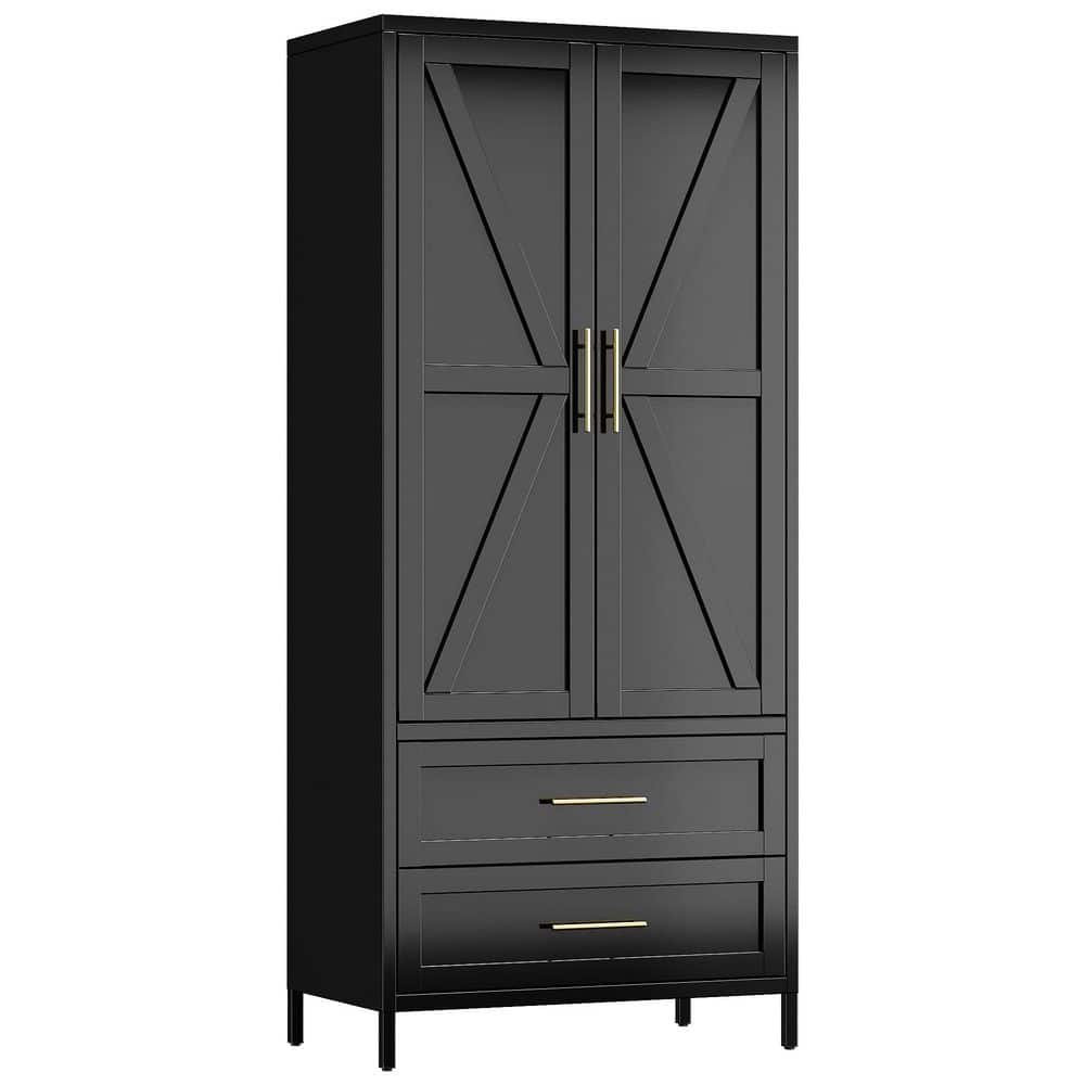 Black Steel Wardrobe Cabinet 70.9 in. H x 31.5 in. W x 17.7 in. D with 2-Drawers and Adjustable Shelf