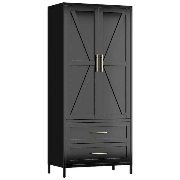 Black Steel Wardrobe Cabinet 70.9 in. H x 31.5 in. W x 17.7 in. D with 2-Drawers and Adjustable Shelf
