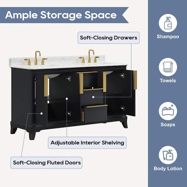 Rothen 61 in. Double Sink Freestanding Black Blue Bath Vanity with White Engineered Stone Top and Backsplash Assembled