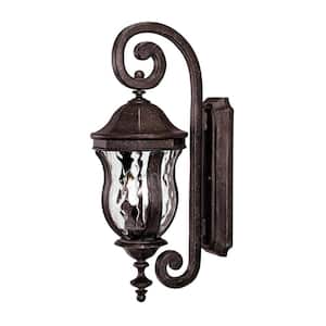 Monticello 7.88 in. W x 22 in. H 2-Light Walnut Patina Hardwired Outdoor Wall Lantern Sconce with Clear Watered Glass
