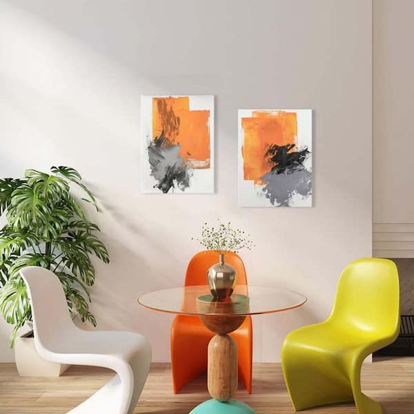 Abstract 2 Panels Wall Art Set, Modern Orange & Gray Canvas Prints