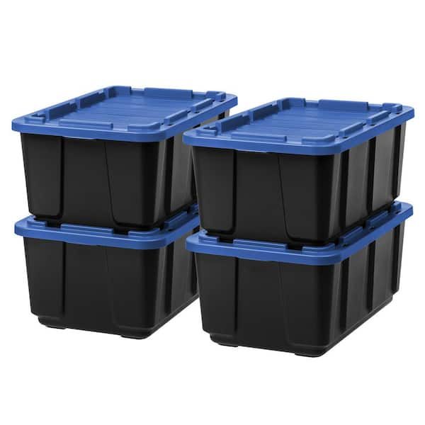 27 Gal. Stackable Storage Totes with Lids, Black-Blue, 4Pk