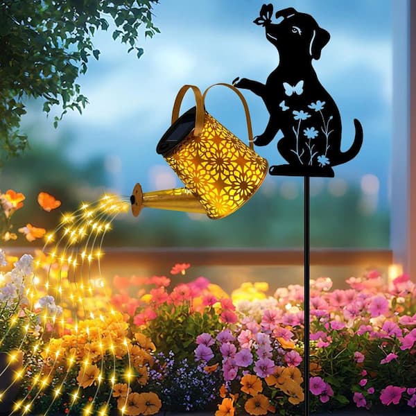 Solar Watering Can with Cascading Lights and Dog Silhouette Garden Stakes, Waterproof Metal Outdoor Decor for Yard, Lawn