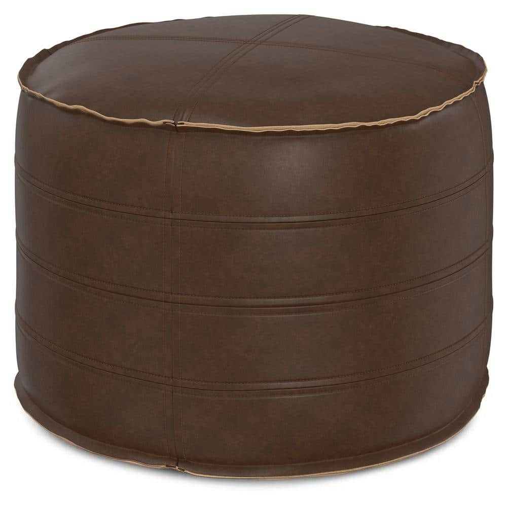 Simpli Home Brody Distressed Dark Brown Faux Leather Round 20 Inch Pouf