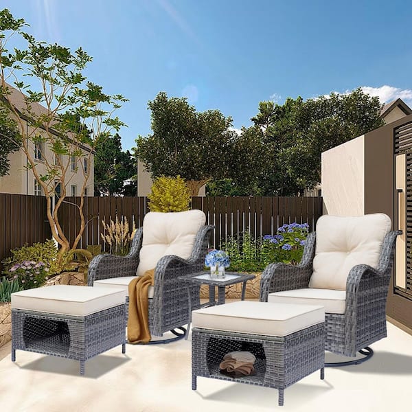 Xingzjojor Gray 5-Piece Wicker Outdoor Patio Conversation Seating Sets Swivel Rocking Chairs with Ottoman and Beige Cushions