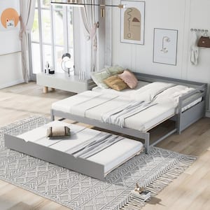 Modern Gray Extendable Twin Size Daybed with Trundle, Twin to Double Twin Size Wood Daybed Sofa Bed Frame with Trundle