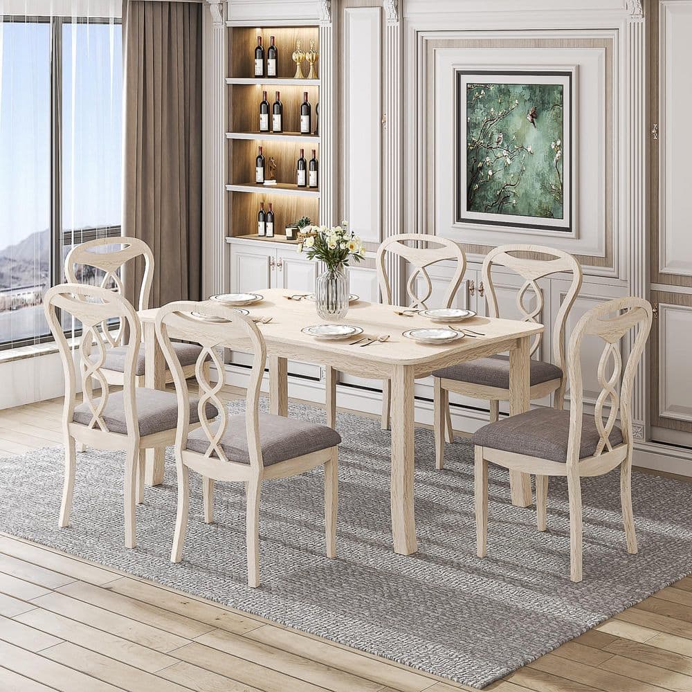 VECELO 63 in. Solid Wood 7-Piece Dining Table Set with Upholstered ...