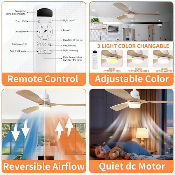 Wooden Series 52 in. Brown Smart Low Profile 3-Blade Ceiling Fan with Dimmable LED Light with Remote, Downrod Mount