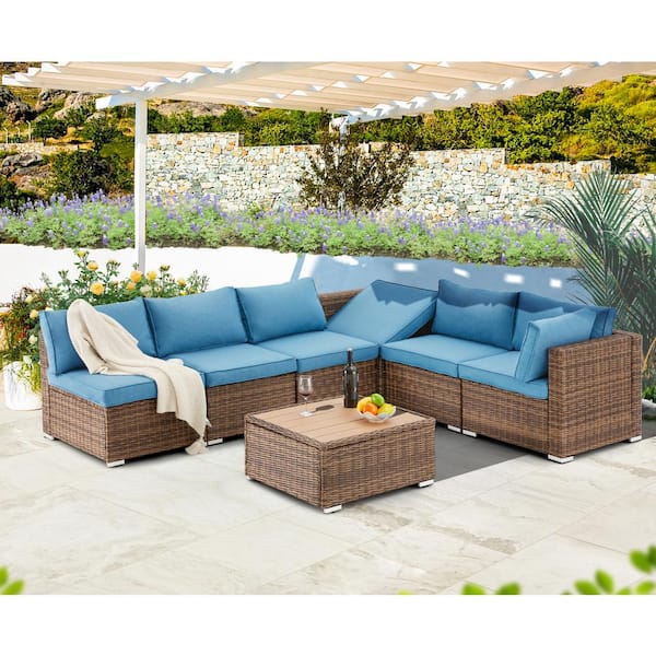 Cesicia 7-Piece Wicker Outdoor Sectional Sofa Patio Furniture Lawn  Conversation Set with Blue Cushions for Garden and Pool OSFBU215473 - The  Home Depot